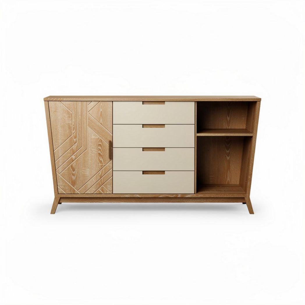 Wooden sideboard storage cabinet with grooved doors and six drawers 120 x 45 x 80cm