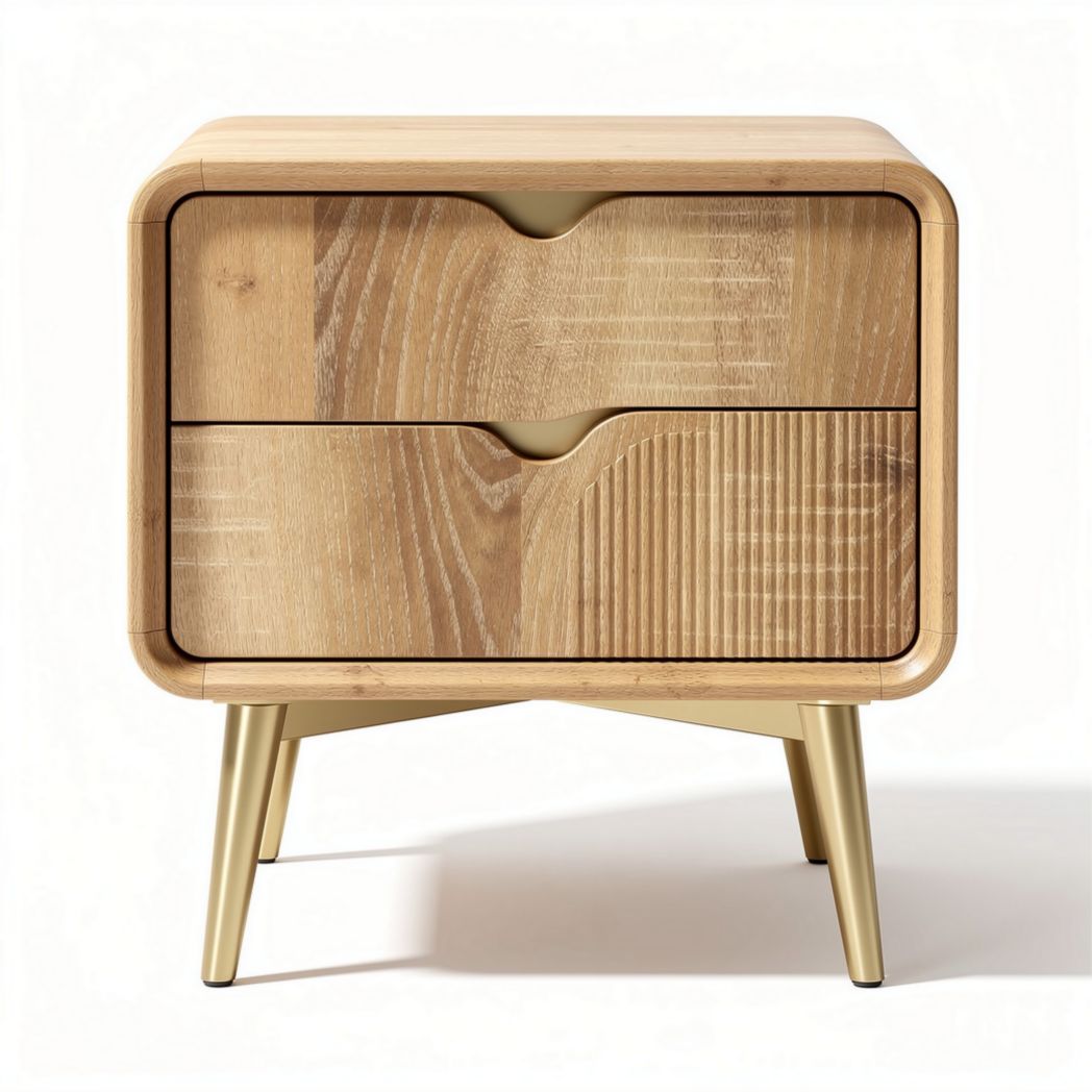 Natural wood nightstand with two drawers and metal legs 50 x 40 x 45cm