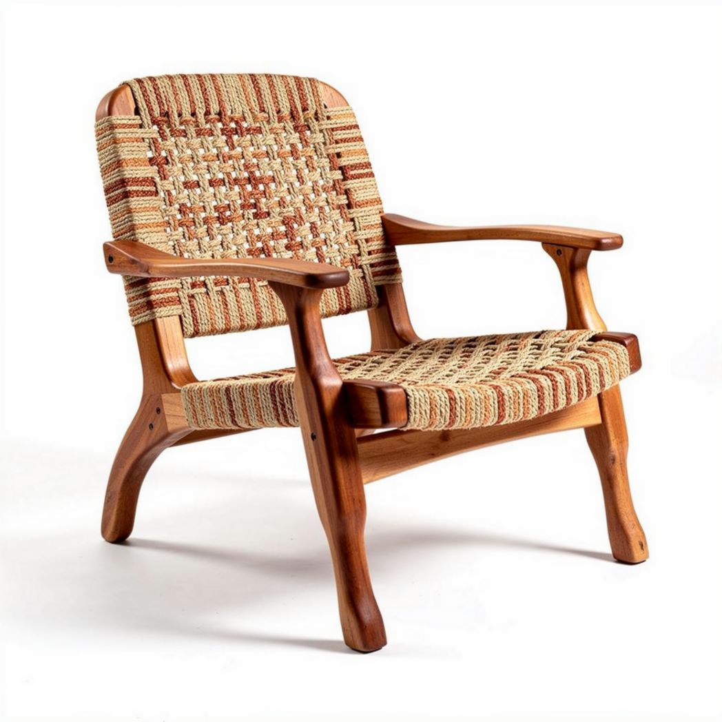 Woven rattan armchair with solid wood frame for living room seating