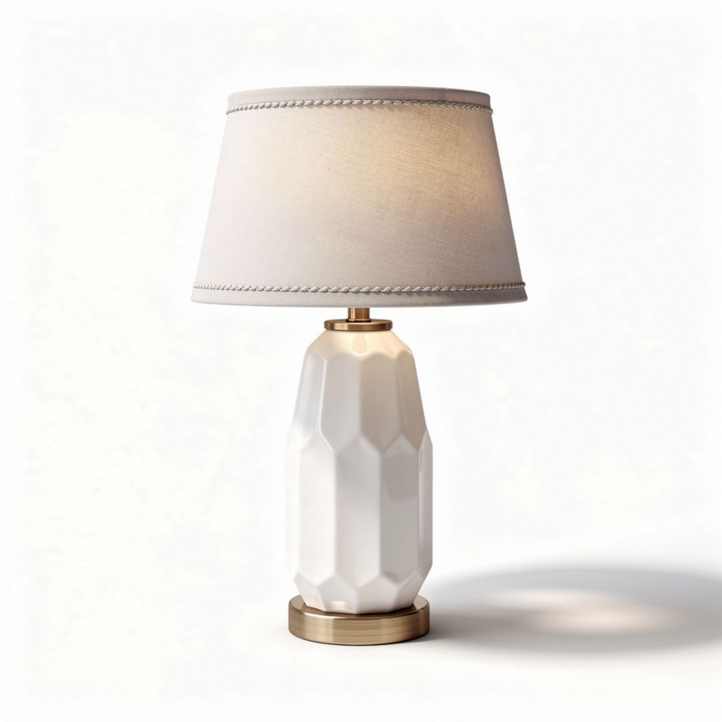 Geometric white ceramic table lamp with fabric shade and gold base 30 x 30 x 60cm