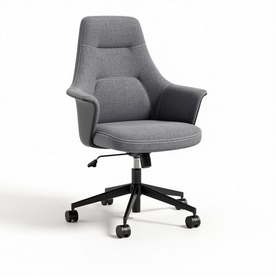 Adjustable gray fabric office chair with swivel base and ergonomic design